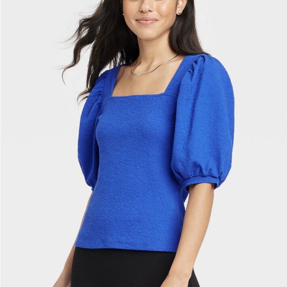 A New Day Woman’s Blue Square Neck Puff Sleeve Blouse. Sz S. NWT